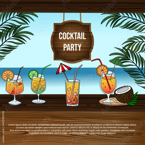 Cocktails party celebrate in summer time on bar. Beach scene party with bar ocean and tropical fruit cocktail drinks poster banner card invitation 
