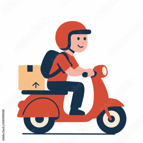 A delivery person riding a scooter with a package, illustrating a delivery service.