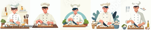 chef character vector cutting mushrooms