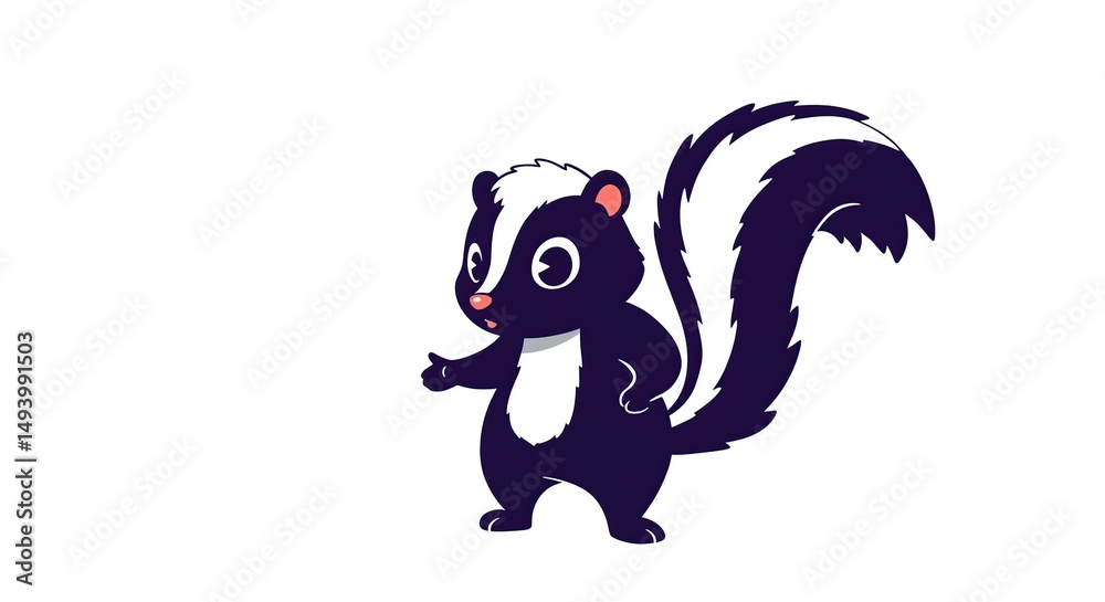 Fototapeta premium Cute Skunk Cartoon Standing and Pointing on White Background
