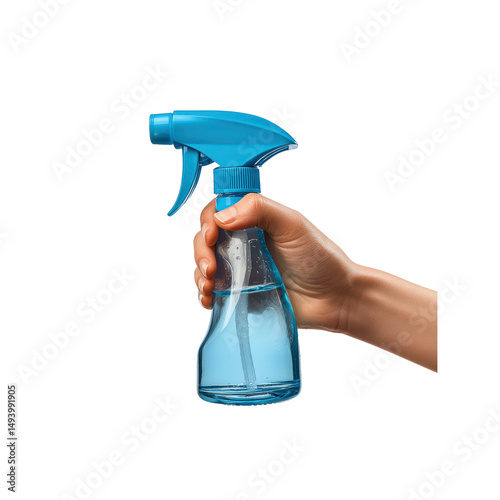 Hand Holding a Blue Plastic Spray Bottle with Clear Liquid