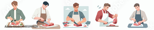 young man character vector cutting meat