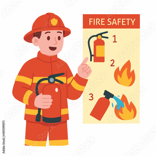 A firefighter presenting fire safety tips with a fire extinguisher illustration.