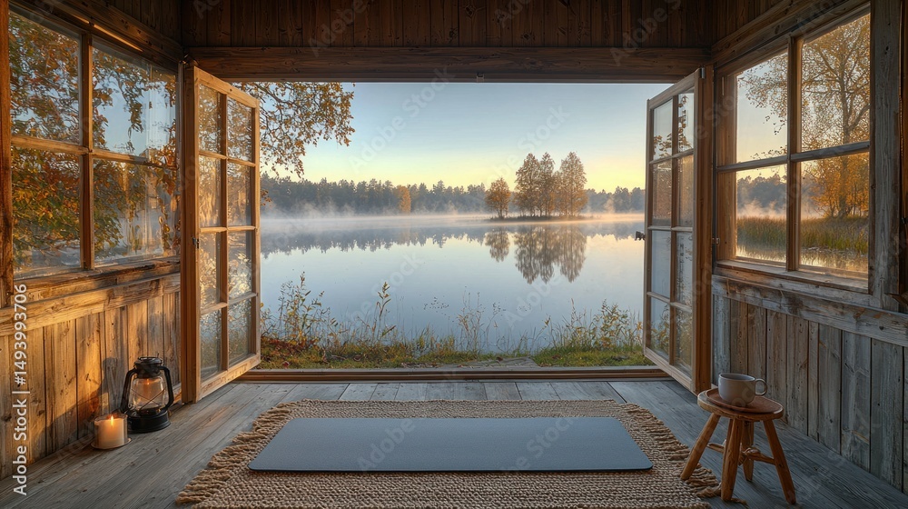Fototapeta premium Cabin view tranquil lake, misty dawn, autumn leaves