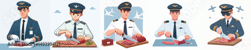 vector set of pilots cutting meat