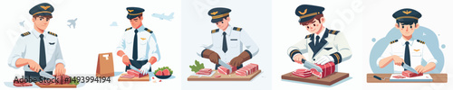 vector set of pilots cutting meat