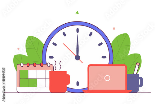 A vibrant flat vector illustration centered around a large clock face, surrounded by elements like a calendar, books, and gear icons, symbolizing time management, daily routine, scheduling, and produc