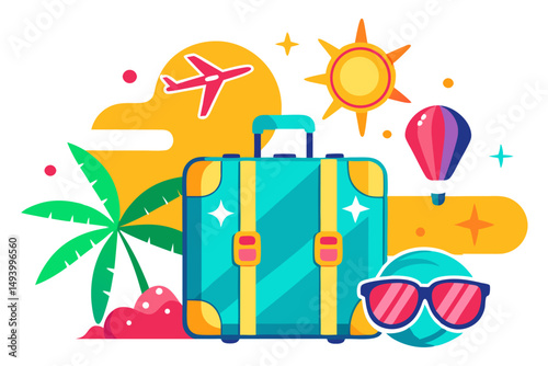 A vibrant flat vector illustration of a beach vacation scene, featuring sand, a beach ball, starfish, sunglasses, and a flip-flop, symbolizing summer holidays, relaxation, and travel.