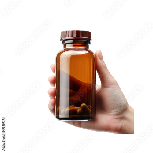 Hand Holding Amber Glass Bottle of Capsules