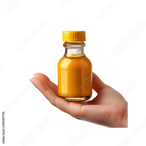Small Glass Bottle of Yellow Liquid Held in a Hand