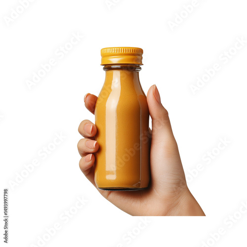 Woman's Hand Holding Small Amber Glass Bottle of Golden Drink