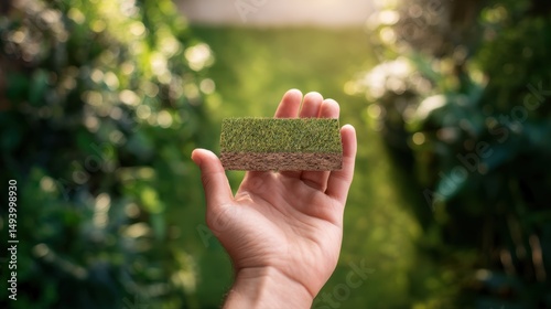 Hand holding grass soil model outdoors in sunlit garden setting