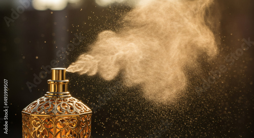 An ornate gold perfume bottle sprays a cloud of fragrance, beautifully lit against dark backdrop.