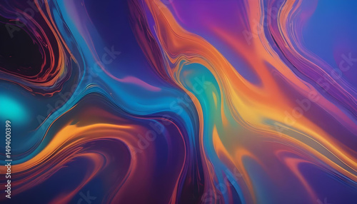 Abstract swirling pattern of iridescent blues, purples, oranges, and yellows, reminiscent of a gasoline slick reflecting light.