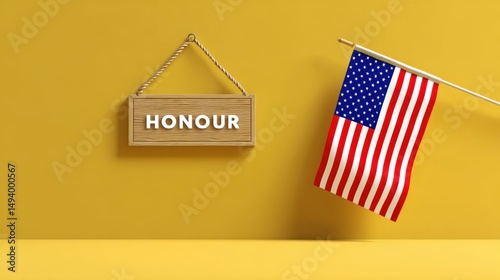 American flag and wooden honor sign against yellow background