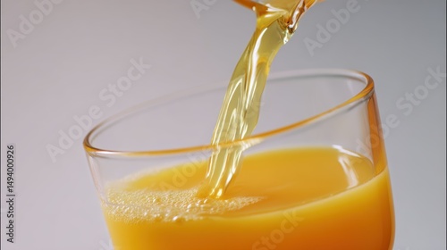 Fresh orange juice being poured into a glass on a neutral background