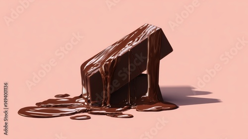 Melting chocolate bar on soft pink background with glossy texture