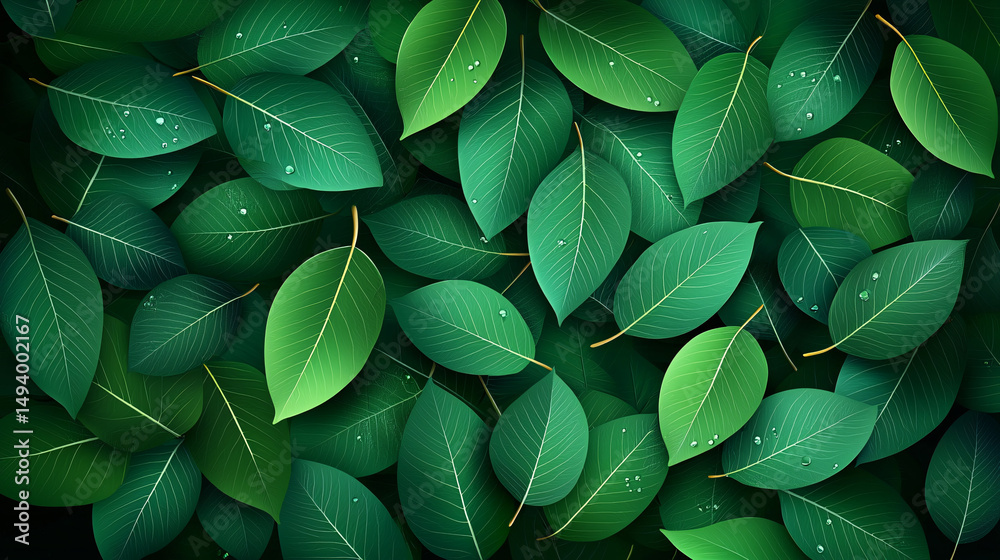 Fototapeta premium A lush arrangement of vibrant green leaves displays fresh raindrops in an artistic presentation.