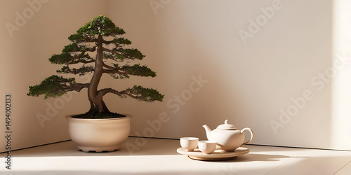 Bonsai Plant in White Pot with Japanese Tea Set

