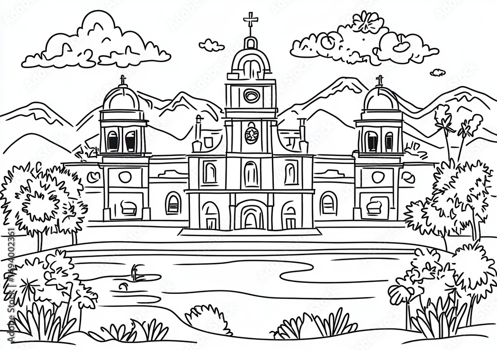 Fototapeta premium ILLUSTRATION EN NOIR ET BLANC D'UN GRAND BÂTIMENT RELIGIEUX DANS UN PAYSAGE MONTAGNEUX