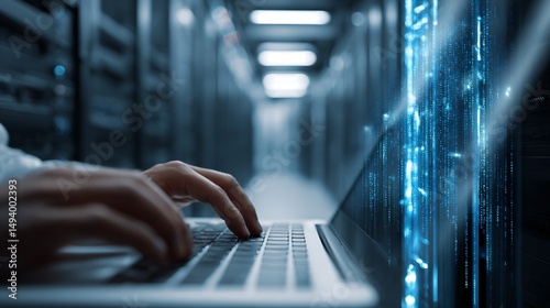 Person Using Laptop in Server Room with Digital Code Display