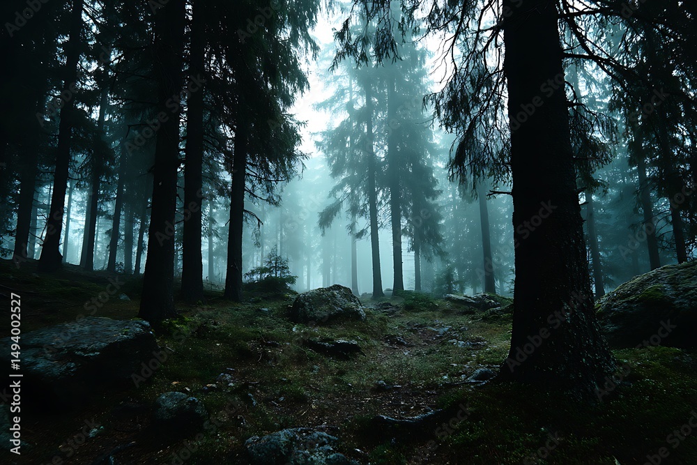 Obraz premium Enigmatic Forest Path: A Misty Coniferous Realm