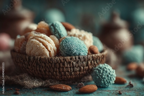 A woven basket filled with assorted nuts dried fruits and colorful candies perfect for culin photo