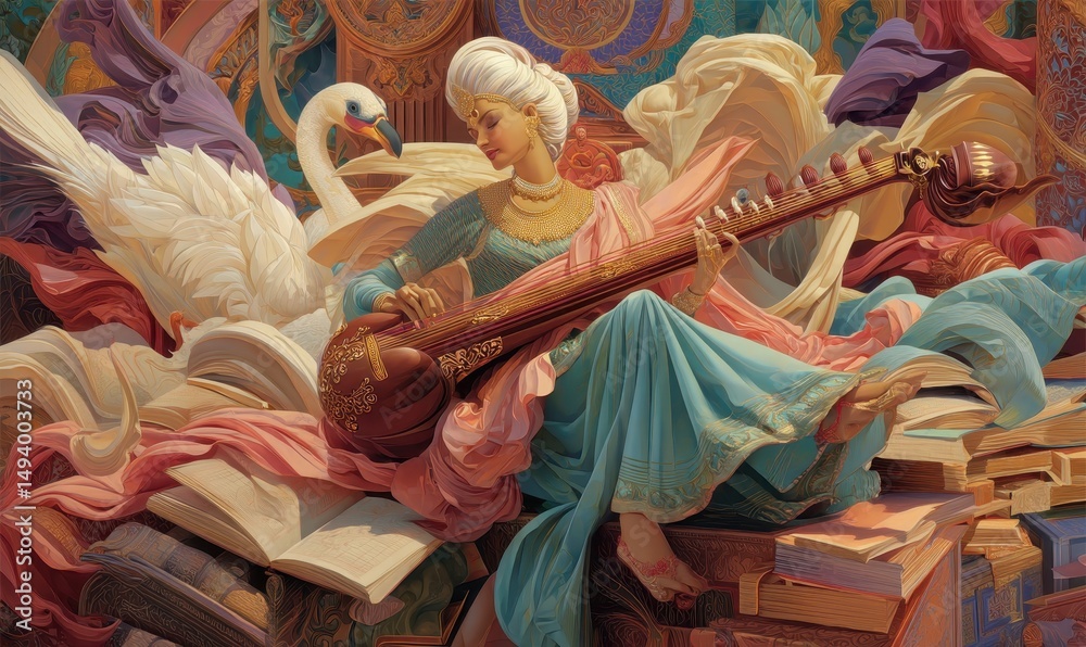 Fototapeta premium CYGNES, MUSIQUE ET LIVRES
