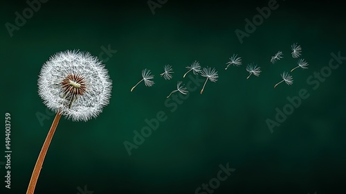 A dandelion seed head dispersing seeds against a dark backdrop.