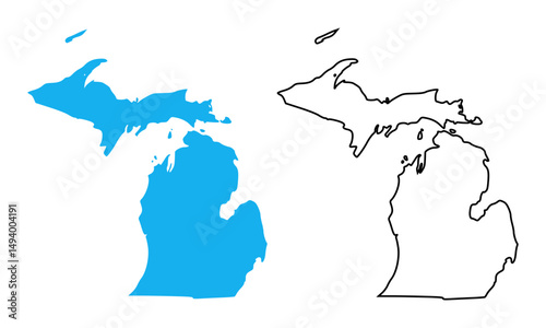 Map of the state of Michigan, United States. Map with detailed outlines and blue silhouettes