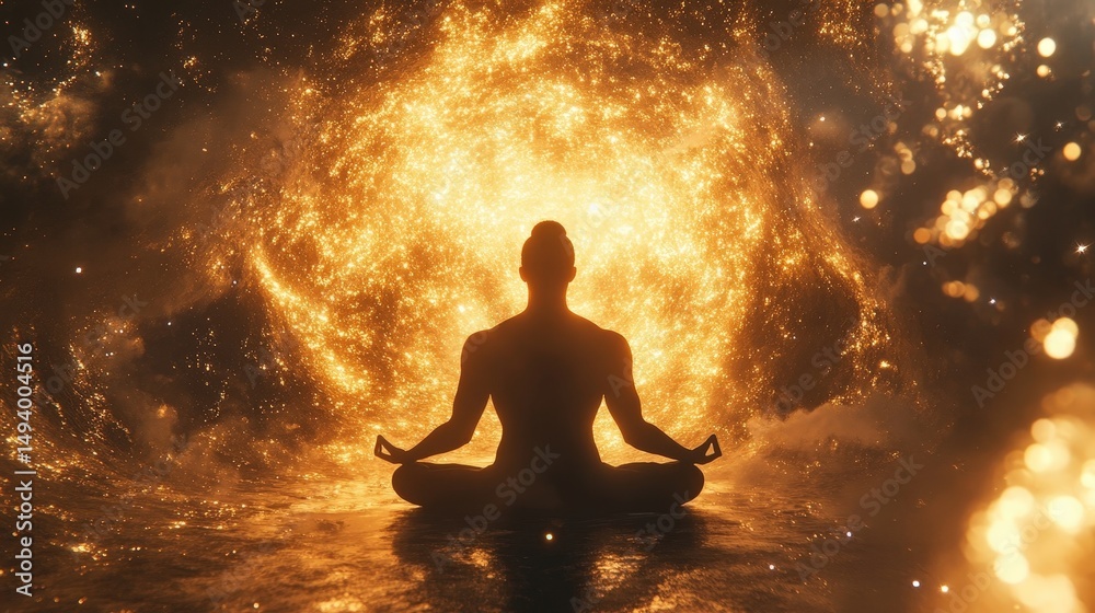 A peaceful figure meditating in front of a cosmic explosion of light and energy, representing inner strength and serenity. A peaceful figure meditating in front of a cosmic explosion of light and energy, representing inner strength and serenity.