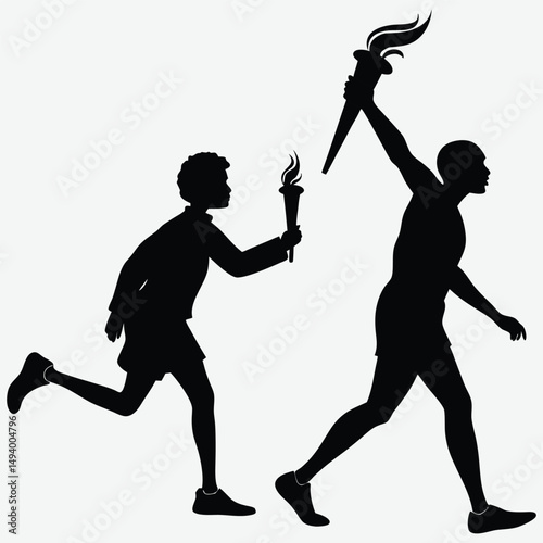 Two people passing a torch during a relay  image silhouette design vector art and illustration