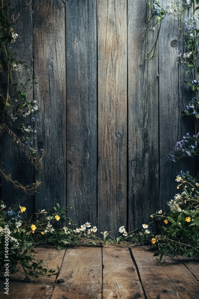 Fototapeta premium Rustic Wooden Wall with Delicate Wildflowers: A Serene Floral Still Life