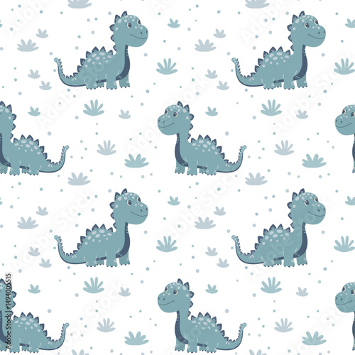 Childrens cute animals pattern. Funny dino illustration on white. Vector background