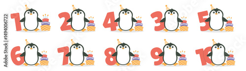 Cute penguin character, cake with candles, numbers vector set. Beautiful elements for Kids Birthday Party invitation, greeting card, poster, event, prints and cake toppers design