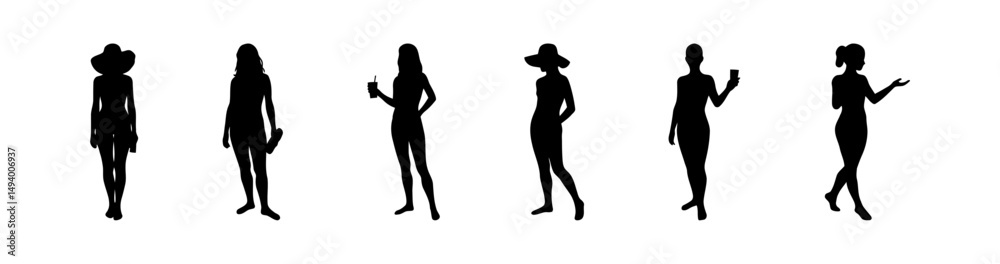 Fototapeta premium Silhouette collection of female figures in different poses on a white background