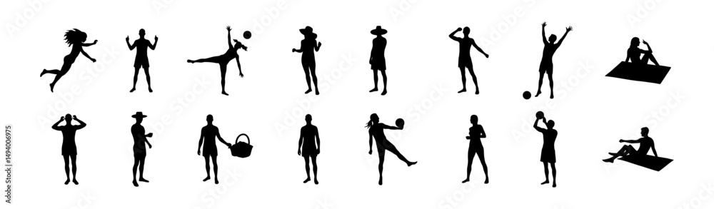 Obraz premium Silhouettes of People Engaging in Summer Activities on a White Background