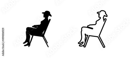 Woman with a hat sits on a chair shown in silhouette and outline styles