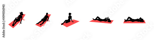 Silhouette of people sunbathing in various positions on a white background