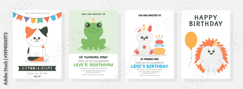 Happy birthday posters set with cute little cat, frog, rabbit, hedgehog, cake, candles, balloon, hat. Birthday party vector illustration for greeting card, invitation, banner and more