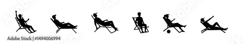 Silhouettes of People Relaxing on Beach Chairs in Various Poses on a White Background