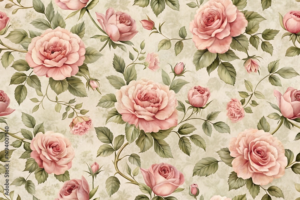 Fototapeta Classic Wallpaper Style Roses In Muted Pink On Light