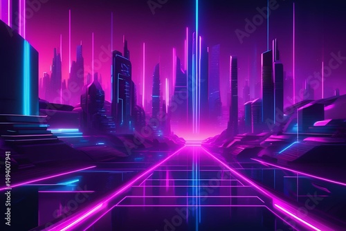A high-resolution futuristic cityscape or abstract environment illuminated by glowing neon lights in blue, purple, and magenta. Includes geometric lines, digital grid, sci-fi glow effects, and depth