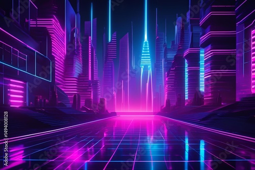 A high-resolution futuristic cityscape or abstract environment illuminated by glowing neon lights in blue, purple, and magenta. Includes geometric lines, digital grid, sci-fi glow effects, and depth