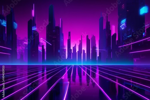 A high-resolution futuristic cityscape or abstract environment illuminated by glowing neon lights in blue, purple, and magenta. Includes geometric lines, digital grid, sci-fi glow effects, and depth