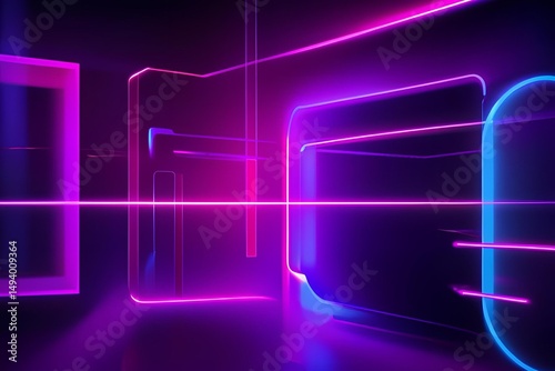 A high-resolution futuristic cityscape or abstract environment illuminated by glowing neon lights in blue, purple, and magenta. Includes geometric lines, digital grid, sci-fi glow effects, and depth