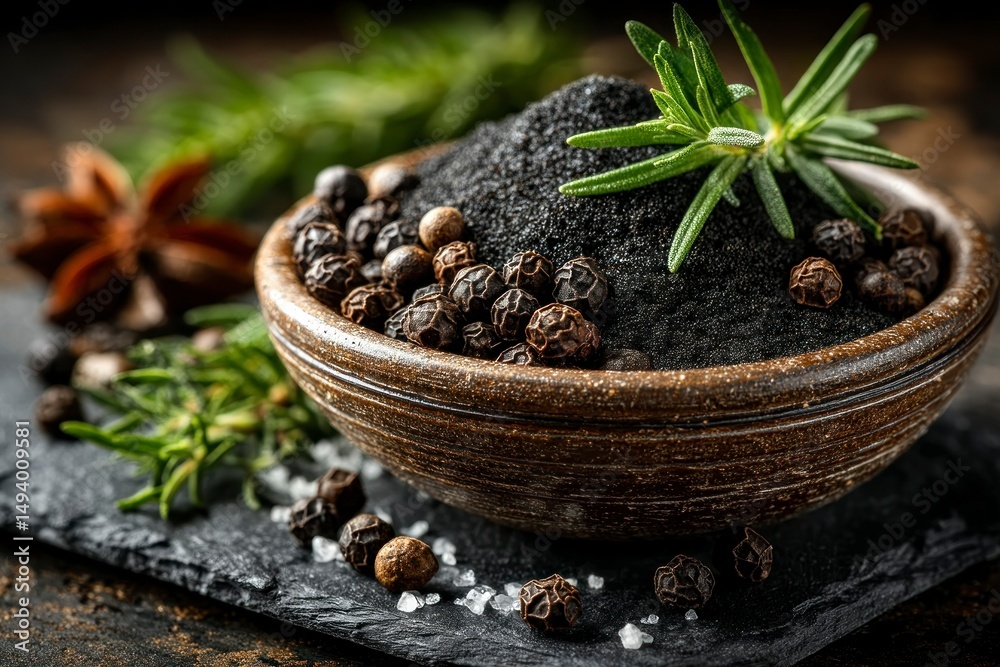 Fototapeta premium A bowl of aromatic spices and herbs featuring whole peppercorns and fresh sprigs for culinary