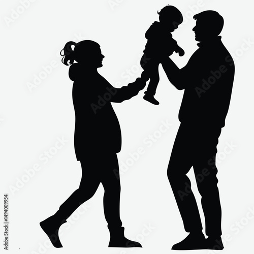 A couple holding a baby between them image silhouette design vector art and illustration