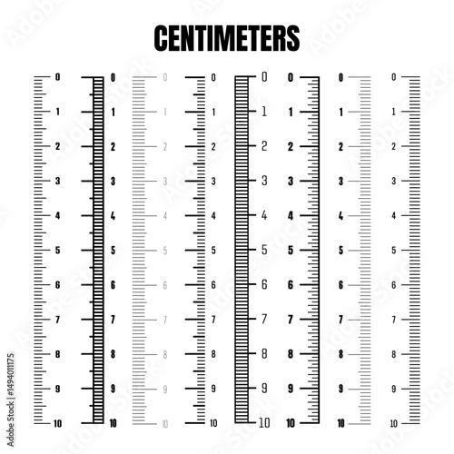 Vertical centimeter scale for measuring length or height. Various measurement scales with divisions. Ruler, tape measure marks, size indicators. Vector illustration