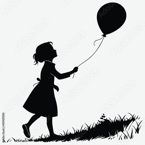 A  girl with a balloon tied to her wrist  image silhouette design vector art and illustration